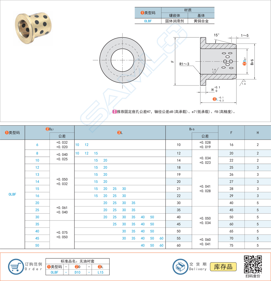 銅合金型無油襯套-圓法蘭型規格參數