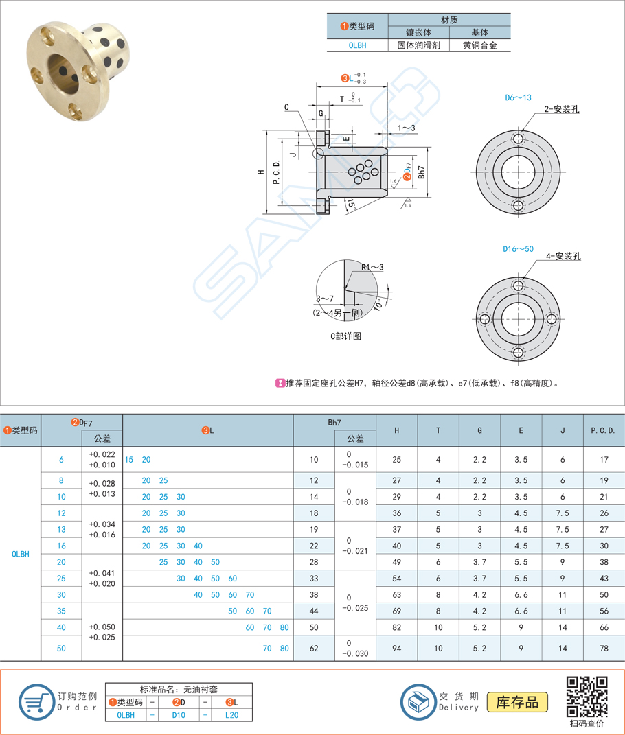 銅合金型無油襯套-圓法蘭型規格參數