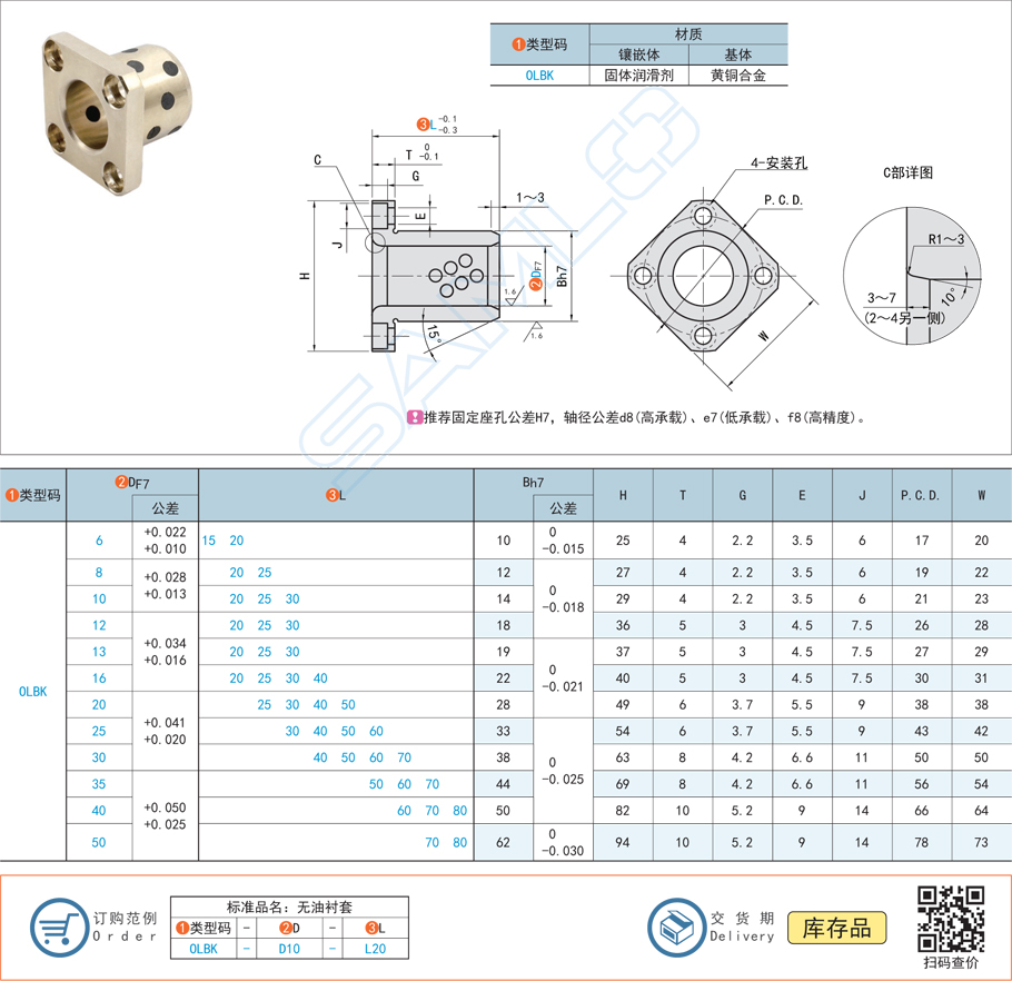 銅合金型無油襯套-方法蘭型規格參數