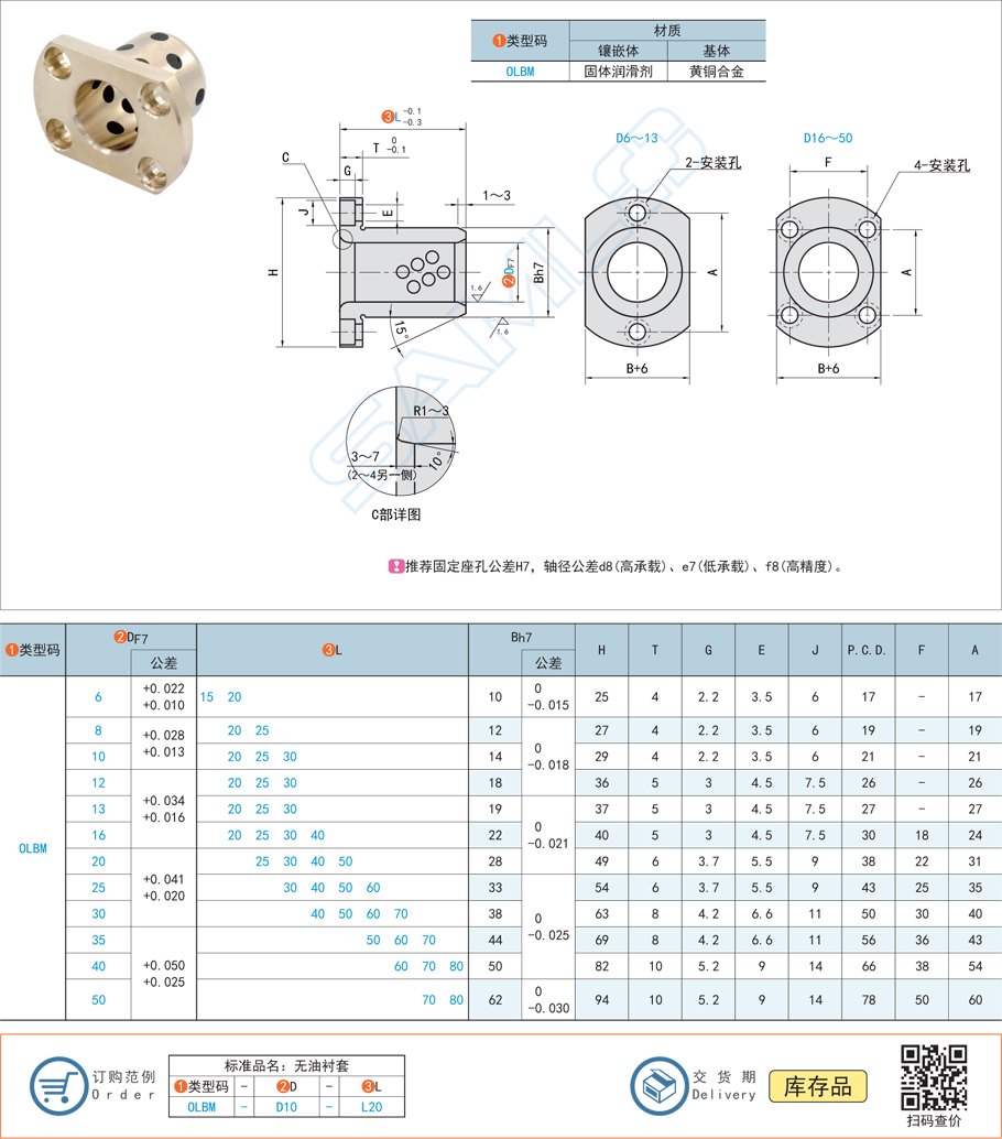 銅合金型無油襯套-對邊法蘭型規格參數