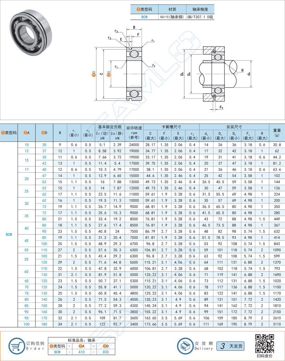 帶卡簧槽深溝球軸承規格參數尺寸材質
