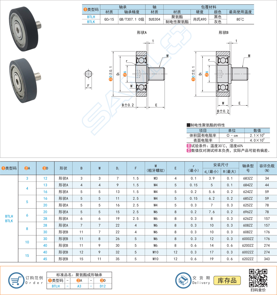聚氨酯成形軸承-帶軸型規格參數尺寸材質