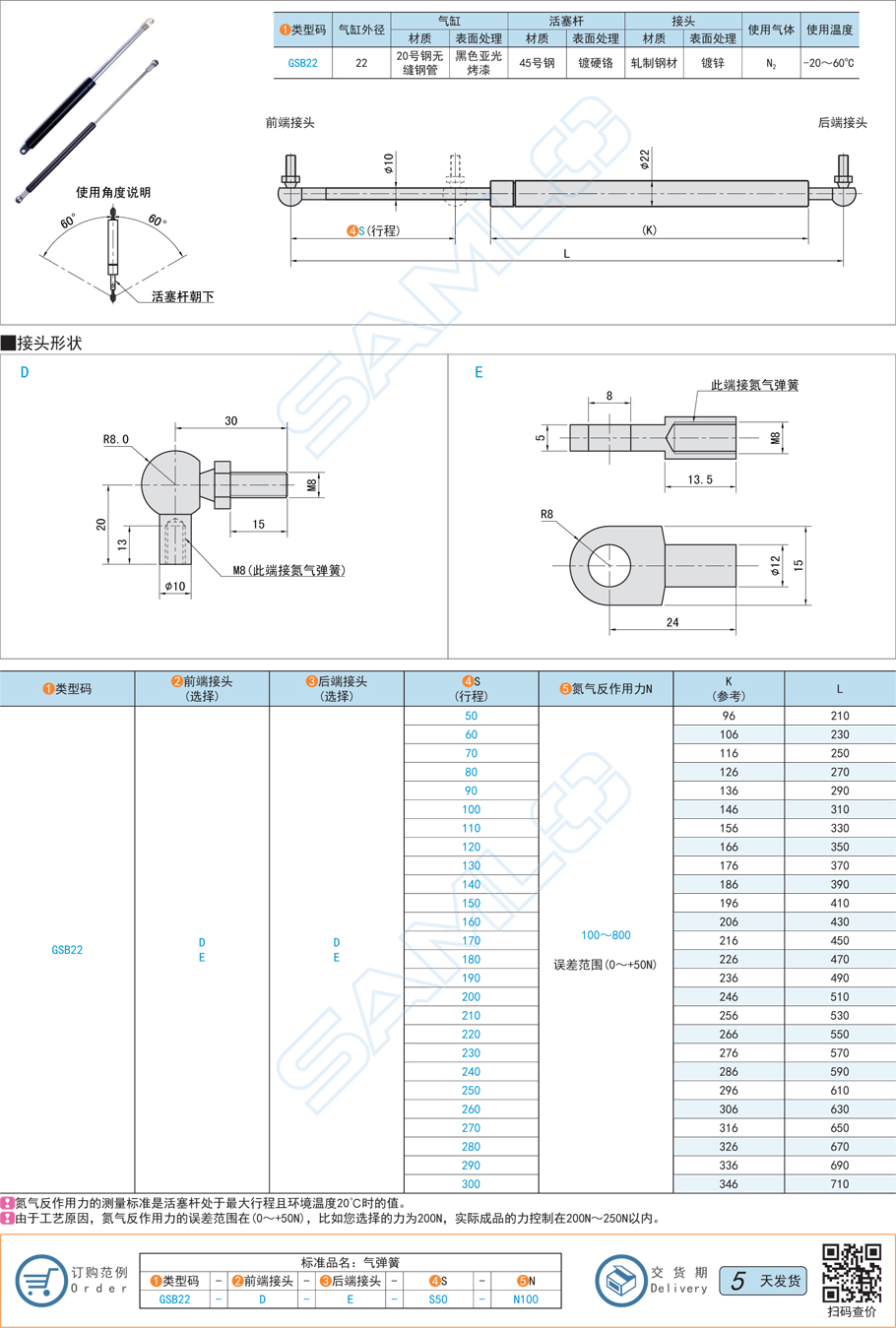 定制型氮氣彈簧-氣缸外徑Φ22支撐桿規格參數尺寸材質