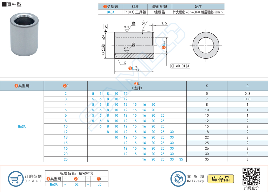 精密襯套-直柱型研磨襯套規格參數尺寸材質