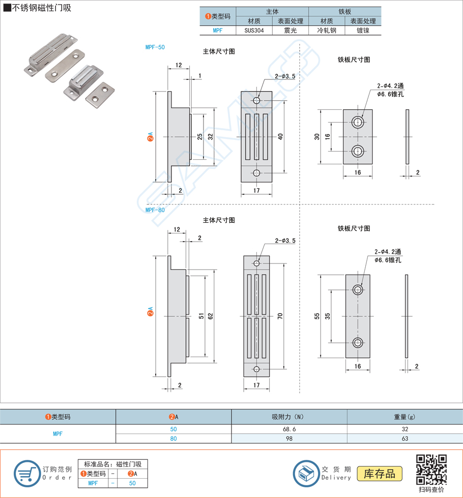 不銹鋼磁性門吸門扣,門碰MPF規格參數尺寸材質
