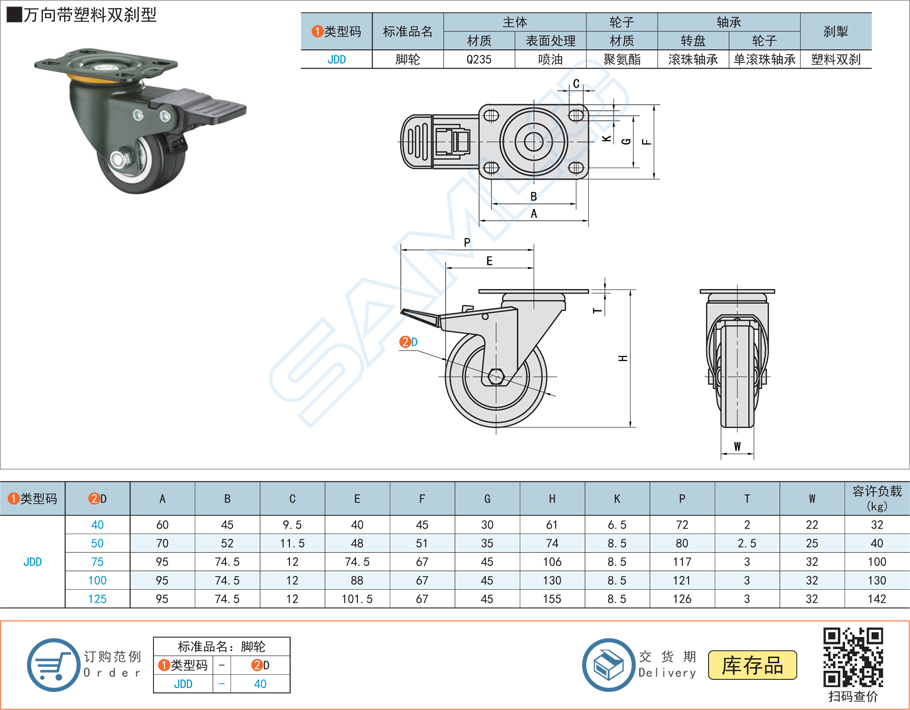 中載型腳輪-萬向帶塑料雙剎型規格參數尺寸材質