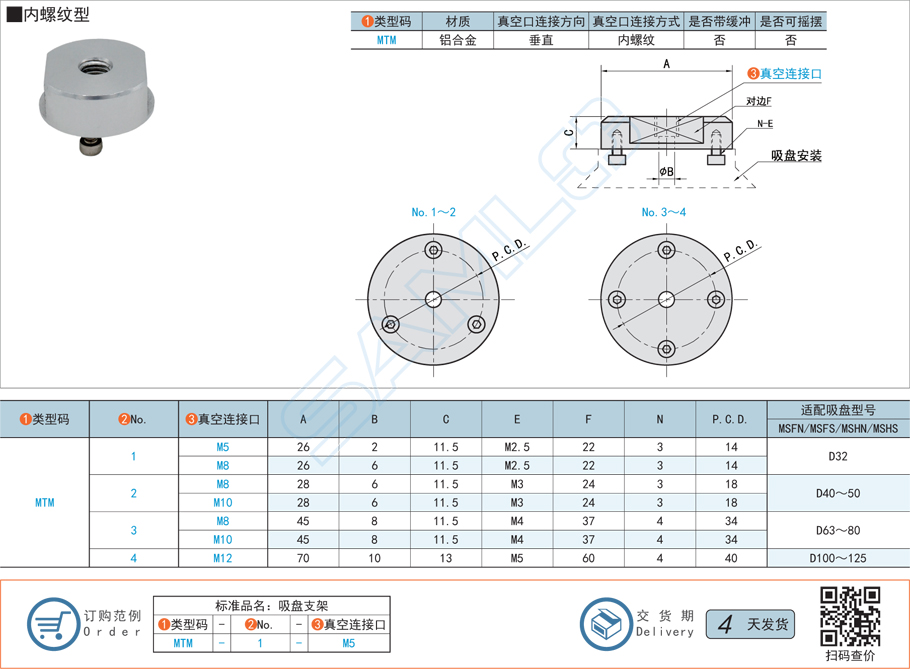 重載真空吸盤支架-垂直真空口不帶緩沖型規格參數尺寸